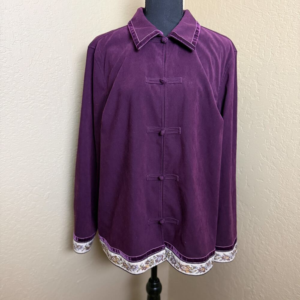 Amanda Smith Woman 16W Purple Mandarin Collar Frog Closure Jacket Floral Trim